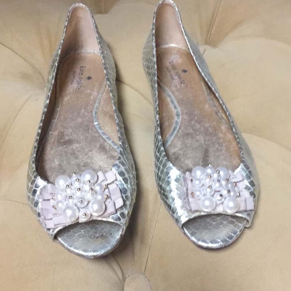 Kate Spade Gold and Pearl Peep Toe Flats